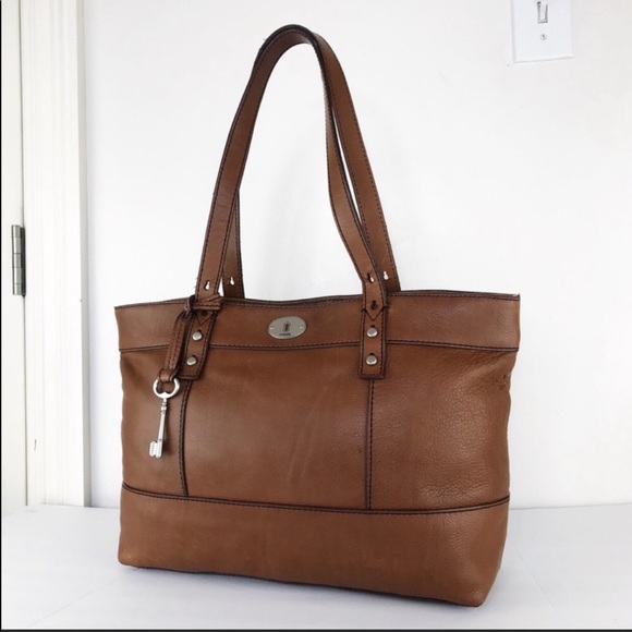 Fossil Long Live Vintage Rich Tan Rugged Leather Tote Carryall Shoulder Bag - Picture 4 of 15